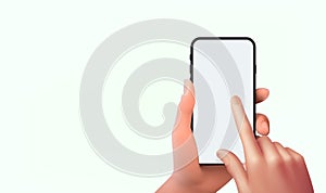 Vector 3D hand holding smartphone with white blank screen isolated and touching phone mockup template on background