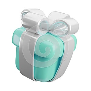 Vector 3d mint green gift box. Minimal 3d render cute realistic turquoise present with silver ribbon