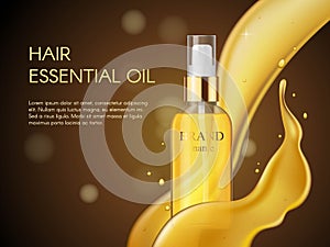 Vector 3D Realistic beauty hair care protection cosmetic product. Golden hair oil container of spray bottle, gold