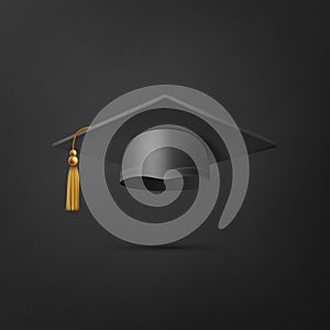 Vector 3d Realistic Black Graduate College, High School, University Black Cap Icon Closeup Isolated on Black Background