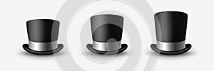 Vector 3d Realistic Black Top Hat Icon Set Closeup with Silver Ribbon Closeup Isolated on White Background. Classic