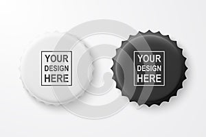 Vector 3d Realistic Black and White Blank Beer Bottle Cap Set Closeup Isolated on White Background. Design Template for