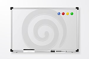 Vector 3d Realistic Blank Magnetic Whiteboard with Marker, Round Magnets and Board Sponge Closeup Isolated on White