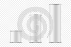 Vector 3d Realistic Blank White Metal Tin Can, Canned Food, Potato Chips Packaging With Lid Icon Set Isolated On