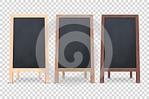 Vector 3d Realistic Blank Wooden Chalk Board for Restaurant Menu Icon Set Closeup Isolated. Advertising Street Sandwich photo