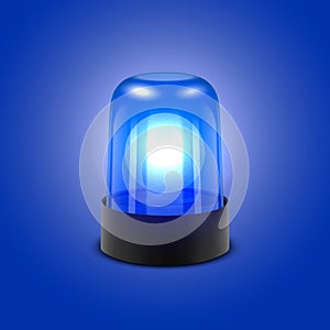 Vector 3d Realistic Blue Turn On Police Flasher Siren Closeup Isolated on Blue Background. Light, Beacon For Police Car