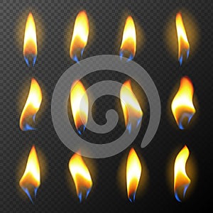 Vector 3d realistic candle fire set isolated on transparent background. Candle or match flame. Different fire light effects for