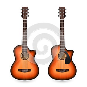 Vector 3d Realistic Classic Old Retro Acoustic Brown Wooden Guitar Icon Set Closeup Isolated on White Background. Design