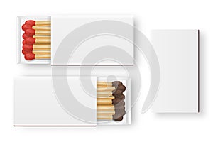 Vector 3d realistic closed and opened blank box of matches with brown and red heads icon set, closeup isolated on white