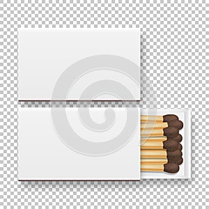 Vector 3d realistic closed and opened blank box of matches with brownheads icon set, closeup isolated on transparency