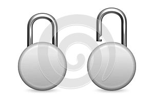 Vector 3d Realistic Closed and Opened Circle Metal Silver Chrome Padlock Icon Set Closeup Isolated on White Background