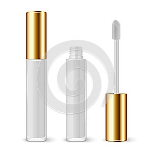 Vector 3d Realistic Closed, Opened White Lip Gloss, Lipstick Package, Golden Cap Set Isolated. Glass Container, Tube photo