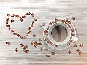 Vector 3d realistic cup of coffee, beans