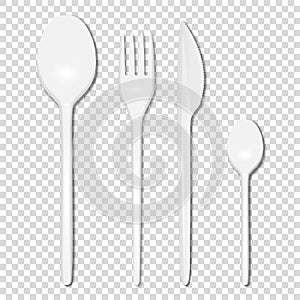 Vector 3d Realistic Cutlery - White Plastic Disposable Fork, Spoon and Knife Icon Set Isolated on Transparent Background