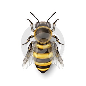 Vector 3d Realistic Detailed Honey Bee Icon Closeup Isolated on White Background. Queen Honeybee Design Template, Vector