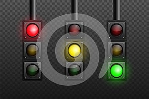 Vector 3d Realistic Detailed Road Turned on Traffic Light Icon Set Isolated. Safety Rules Concept, Design Templete