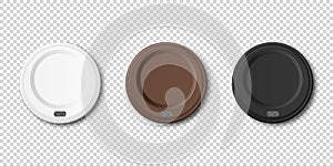 Vector 3d Realistic Disposable White, Brown, Black Plastic Coffee, Tea Cup Lid for Drinks Icon Set Closeup Isolated on photo