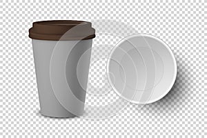 Vector 3d Realistic Empty Gray Disposable Closed, Opened Paper, Plastic Coffee Cup for Drinks with Brown Lid Set Closeup