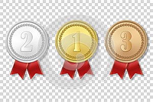 Vector 3d Realistic Gold, Silver and Bronze Award Medal Icon Set with Color Ribbons Closeup Isolated on White Background