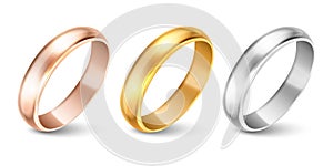 Vector 3d Realistic Gold and Silver Metal Wedding Ring Icon Set Closeup Isolated on White Background. Design Template of
