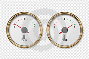 Vector 3d Realistic Golden Metallic Gas Fuel Tank Gauge, Oil Level Bar Set Isolated. Full and Empty. Car Dashboard