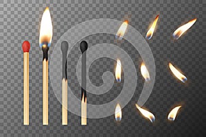 Vector 3d realistic match stick and different flame icon set, closeup isolated on transparency grid background. Whole photo