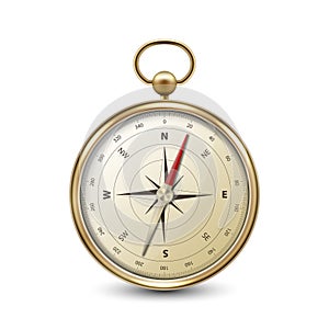 Vector 3d Realistic Metal Golden Antique Old Vintage Compass with Windrose Icon Closeup Isolated on White Background