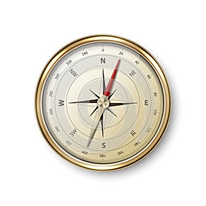 Vector 3d Realistic Metal Golden Antique Old Vintage Compass with Windrose Icon Closeup Isolated on White Background