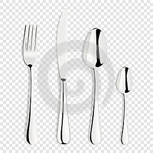 Vector 3d Realistic Metal, Silver, Stainless, Steel Fork, Spoon, Knife Icon Set Isolated on Transparent Background