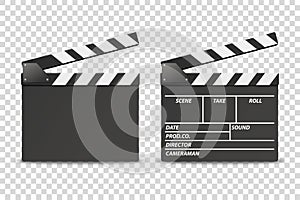 Vector 3d Realistic Opened Movie Film Clap Board Icon Set Closeup Isolated on Transparent Background. Design Template of photo