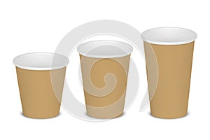 Vector 3d Realistic Paper Brown Disposable Blank Empty Tea, Coffee Cup Set Isolated on White Background. Small, Medium