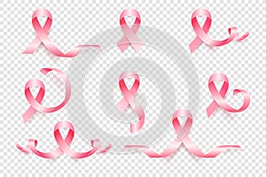 Vector 3d Realistic Pink Ribbon Set. Breast Cancer Awareness Symbol Closeup. Cancer Ribbon Template. Silk Ribbons. World