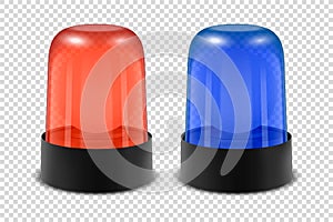 Vector 3d Realistic Red and Blue Police Flasher Siren Icon Set Closeup Isolated on Transparent Background. Light, Beacon