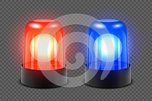 Vector 3d Realistic Red and Blue Turn On Police Flasher Siren Set Closeup Isolated on Transparent Background. Light