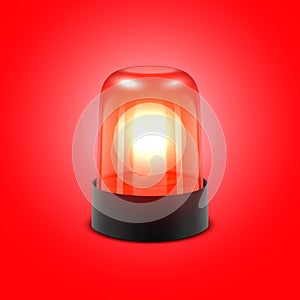 Vector 3d Realistic Red Turn On Police Flasher Siren Closeup Isolated on Red Background. Light, Beacon For Police Car