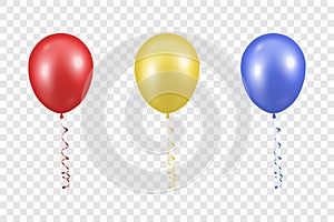 Vector 3d Realistic Red, Yellow and Blue Balloon with Ribbon Set Closeup Isolated on Transparent Background. Design