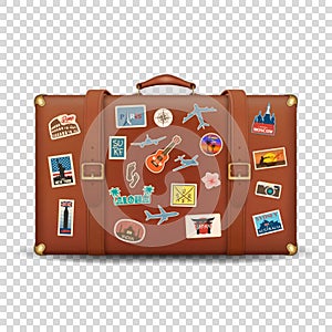 Vector 3d Realistic Retro Leather Brown Threadbare Suitcase and Travel Stickers, Metal Corners and Belts Icon Closeup photo