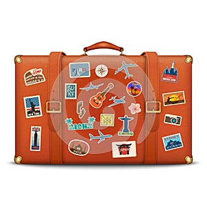 Vector 3d Realistic Retro Leather Brown Threadbare Suitcase With Travel Stickers, Metal Corners and Belts Icon Closeup photo