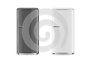 Vector 3d Realistic Retro Vintage Black and White Fridge Icon Set Isolated. Vertical Refrigerators. Closed Fridges