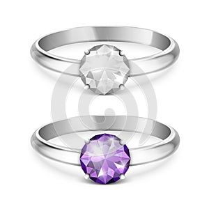 Vector 3d Realistic Silver Metal Wedding Ring with White and Purple Gemstone, Diamond Closeup Isolated. Design Template