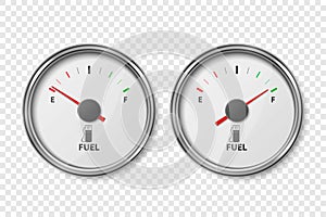 Vector 3d Realistic Silver Metallic Gas Fuel Tank Gauge, Oil Level Bar Set Isolated. Full and Empty. Car Dashboard