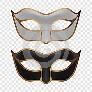 Vector 3d Realistic White, Black and Golden Carnival Face Mask Icon Set CLoseup Isolated. Mask for Party, Masquerade