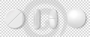 Vector 3d Realistic White Medical Pill Icon Set Closeup Isolated on Transparency Grid Background. Design template of