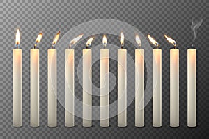 Vector 3d Realistic White Paraffin or Wax Burning Candles with Different Flame Icon Set Closeup Isolated on Transparent