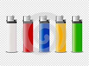Vector 3d Realistic White, Red, Blue, Yellow, Green Blank Cigarette Lighter Set Closeup Isolated. Design Template for