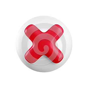 Vector 3d red cross x realistic icon. Trendy plastic wrong red check mark, delete sign on white background. No vote
