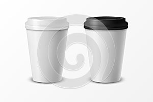 Vector 3d Relistic Glossy Paper or Plastic Disposable White Coffee Cup with Lid, Cap. Design Template for Cafe photo