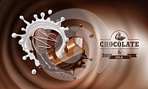 Vector 3D splashes of melted chocolate and milk with falling piece of chocolate bar and candy