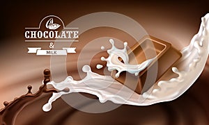 Vector 3D splashes of melted chocolate and milk with falling pieces of chocolate bars.