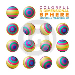 Vector 3d vibrant color striped sphere rotations and projections set photo